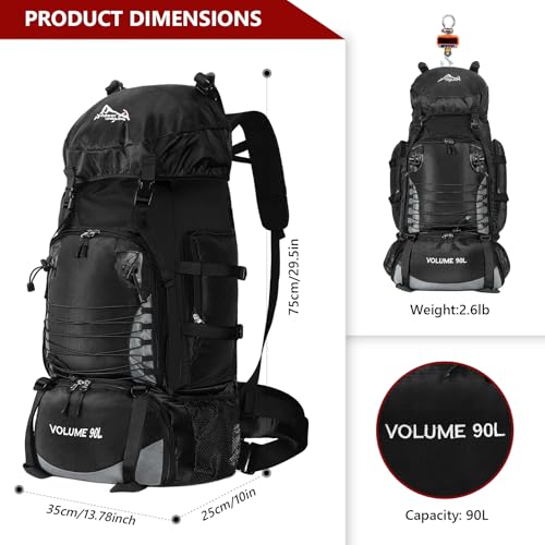 90L Hiking Backpack, Waterproof Camping Bag with Rain Cover, Lightweight Backpacking Back Pack - color: Black