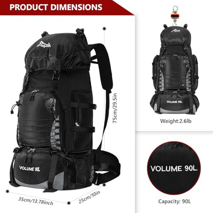 90L Hiking Backpack, Waterproof Camping Bag with Rain Cover, Lightweight Backpacking Back Pack - color: Black