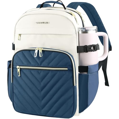 VANKEAN Laptop Backpack for Women with Giant Tumbler Holder Pocket,17.3 inch School College Book Bag Nurse Teacher Backpack,Waterproof Work Travel Backpack Purse Laptop Computer Bag, Beige-Haze blue - color: Beige-haze Blue, size: 17.3 Inch