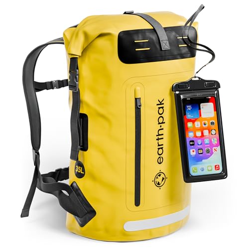 Earth Pak Waterproof Backpack - Heavy Duty Hiking Backpack - Roll-Top Closure Bag - Cushioned Dry Bag Waterproof Phone Case - color: Yellow, size: 35L