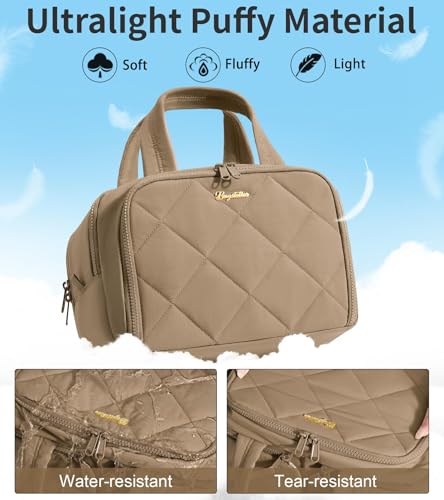Travel Toiletry Bag, Large Wide-open Puffy Makeup Bag for Women Khaki - color: Khaki