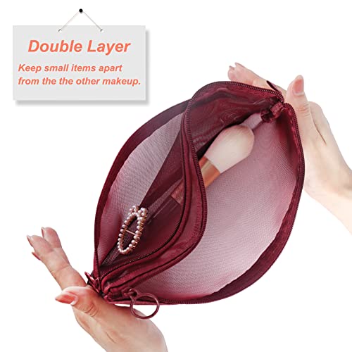 Mesh Cosmetic Bags, 4pcs Nylon Makeup Pouches with Double Zippers for Home Office Purse Diaper Bag (Burgundy) - color: Burgundy