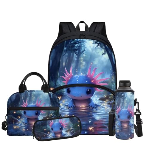 Cute Axolotl Backpack for Girls Boys Backpack with Lunch Box Water Bottle Bag and Big Pencil Case 4Pcs Set 17" Bookbag with Large Front Pocket for School Sturdy School Bag for Kids Elementary - color: Axolotl