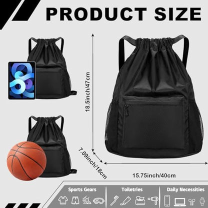Tygelluis Drawstring Backpack, Waterproof Gym Bag with Water Bottle Pocket for Women Men, Pull String Sport Bag for Swim, Soccer and Basketball,Black - color: Black1