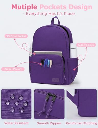 VASCHY School Backpacks, Lightweight Bookbag Schoolbag for Girls Casual Basic Simple Daypack for Women Purple - color: Purple