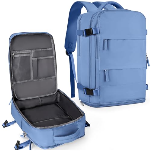 coowoz Large Travel Backpack For Women Men,Carry On Backpack Flight Approved,Hiking Backpack Outdoor Rucksack Casual Daypack Fit 15.6 Inch Laptop Shoes Compartment (Sky Blue L) - color: Sky Blue, size: 30l