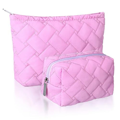 Huhumy 2 Pc Makeup Bag Set Cute Quilted Cosmetic Pouch for Women Travel Toiletry Bag Preppy Small Makeup Purse Pouch Skincare Brushes Storage Organizer Pencil Case Set(Knitted,Quilted,Rose Pink) - color: Rose Pink, style: Knitted
