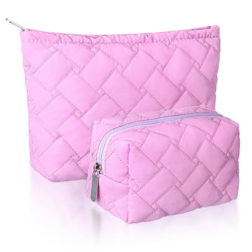 Huhumy 2 Pc Makeup Bag Set Cute Quilted Cosmetic Pouch for Women Travel Toiletry Bag Preppy Small Makeup Purse Pouch Skincare Brushes Storage Organizer Pencil Case Set(Knitted,Quilted,Rose Pink) - color: Rose Pink, style: Knitted