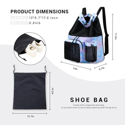 Lohol Large Mesh Drawstring Backpack with Shoe Bag, Durable Swimming String Sack with Handle for Sports Gym Yoga Beach Travel - color: Galalxy Pink
