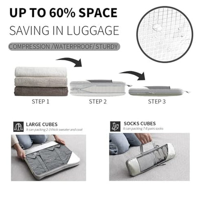 9-Set Packing Cubes with Hanging Bag | 9-Size Combination, Mesh Fabric & Reflective Stripe | Travel Luggage Organizers (Beige) - color: Beige