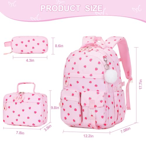 DIGOBAY 3PCS Girls Backpack for School, Kids Backpack for Girls with Lunch Bag Pencil Case, Kids Bookbag Teen Girl Backpacks for Elementary Middle High College School (Pink Strawberry) - color: Pink Strawberry
