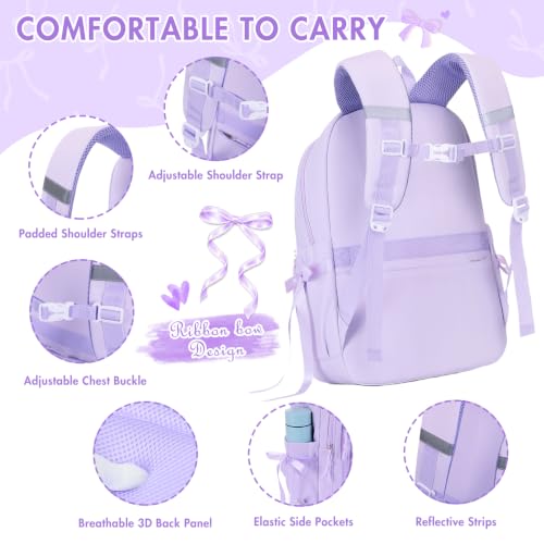 Kids Backpack for Girls - 3PCS Cute Embroidered Bow Girls Backpack with Insulated Lunch Bag & Pencil Case - Bookbag for Teen Women Middle High School College Work Travel Daypack - color: Purple