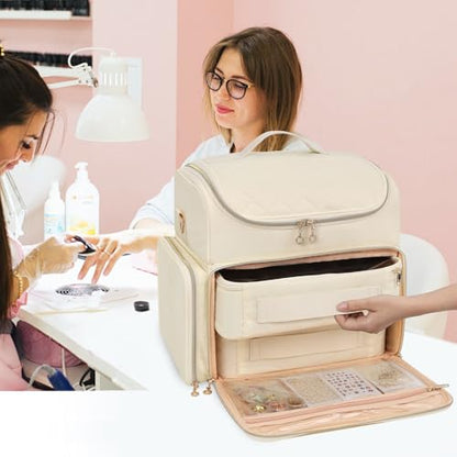 CUBETASTIC Extra Large Nail Polish Organizer Case Holds 86 to 100+ Bottles Nail Polish & Nail Lamp, Nail Supplies Storage Carrying Bag with 2 Removable Pouches - color: Beige