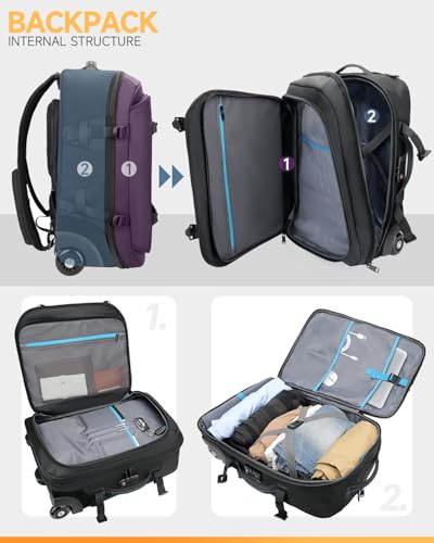 Backpack with wheels,Rolling laptop backpack with 2 Packing Cubes,Water-Resistant,Wheeled backpack Suitcase for Men Adults to Travel, Commuting,Black - color: Black-three