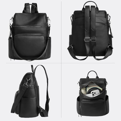 Anti-Theft Backpack Purse for Women, Convertible 3-in-1 Vegan Leather Backpack with Hidden Zipper, Adjustable Shoulder & Crossbody Bag for Travel and Daily Commute - color: B Black
