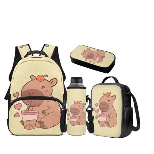 JEOCODY Capybara Backpack for School Girls Bookbag with Luncb Box Pencil Case and Water Bottle Holder Set of 4 Boys School Supplies Daypack for Travel Hiking Picnic - color: Cute Capybara Printedd