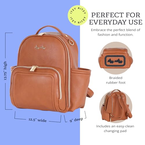 Itzy Ritzy Mini Diaper Bag Backpack – Chic, Compact Mini Plus Backpack with Changing Pad, 10 Pockets (6 Internal, 4 External), Grab-Top Handle & Rubber Feet (Cognac) - color: Cognac