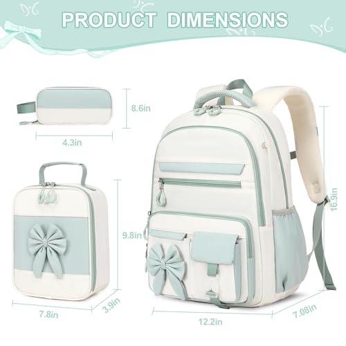 DIGOBAY Backpack for Girls, 3PCS Girls Backpack for School with Lunch Bag Pencil Case, Cute Kids Teens Bookbag for Kindergarten Elementary Preschool Middle School - color: Beige-bean Green
