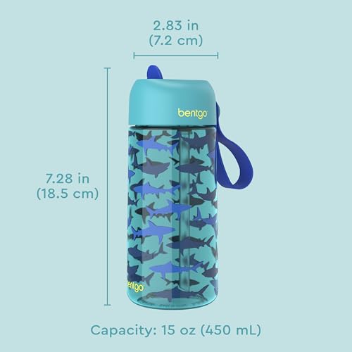 Bentgo Kids Water Bottle - Leak-Proof, Durable Tritan PFAS- & BPA-Free 15 fl oz, Kids/Toddlers Ages 3+ for School & Sports; Bite & Sip Spout, Carrying Handle, Dishwasher Safe (Sharks) - color: Shark