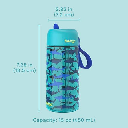 Bentgo Kids Water Bottle - Leak-Proof, Durable Tritan PFAS- & BPA-Free 15 fl oz, Kids/Toddlers Ages 3+ for School & Sports; Bite & Sip Spout, Carrying Handle, Dishwasher Safe (Sharks) - color: Shark