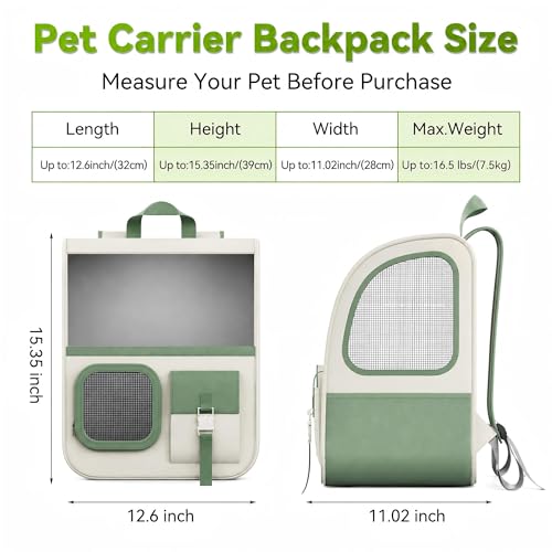 Large Cat Backpack Carrier with Front Window & Super Large Space, Designed for Long Adventures Travel Hiking, Pet Carrier Backpack for Cats Small Puppies up to 16.5lbs, Green White