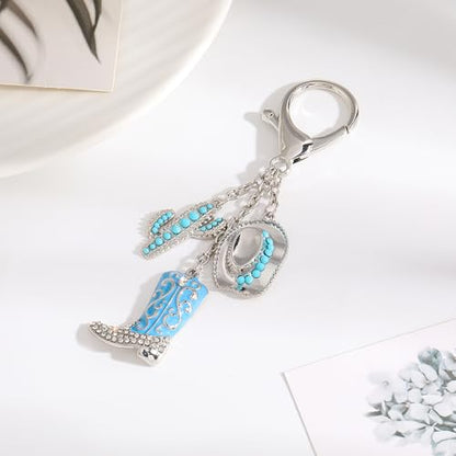 Madison Tyler Western Cowboy Boots Cherry Bow Bubble Tea Strawberry Cute Keychain | Bag Charms for Handbags Purse Charms - color: Blue Boots