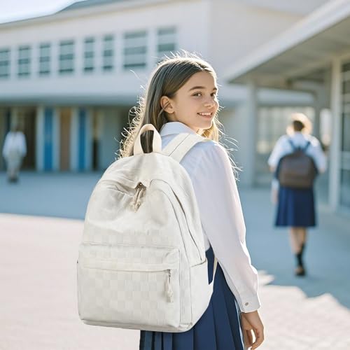 LEDAOU Kids Backpack for Girls Backpacks with Lunch Box, Lightweight Bookbag Set Elementary Middle School Back pack for 8-14 - color: Beige Checkered