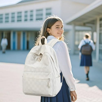 LEDAOU Kids Backpack for Girls Backpacks with Lunch Box, Lightweight Bookbag Set Elementary Middle School Back pack for 8-14 - color: Beige Checkered
