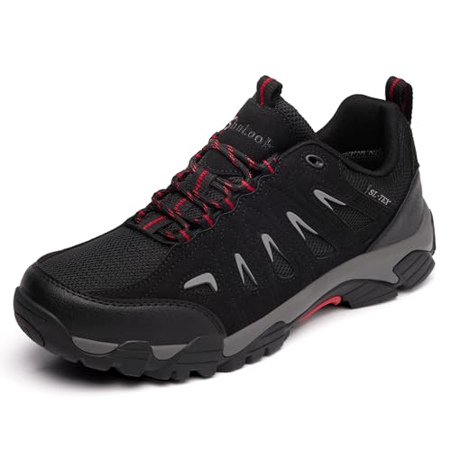SHULOOK Men's Waterproof Hiking Shoes Lightweight Anti Slip Outdoor Ankle Boots Breathable Hike Trekking Trails Shoe - color: Black/Red, size: 11