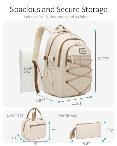 Teen Girls Backpack Aesthetic School Bag with Lunch Box, Laptop Backpack Bookbag for High School College Women Students, Beige 3pcs - color: Beige 3pcs, size: 15.6in