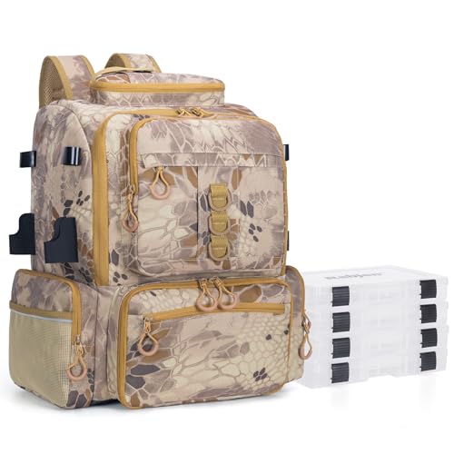Rabjen Fishing Tackle Backpack, 45L Storage Waterproof Travel Bag Store Fishing Gear with Insulated Top Pocket - color: Camouflage Khaki, style: Standard Size 4 Tackle Boxes Included 900d Nylon