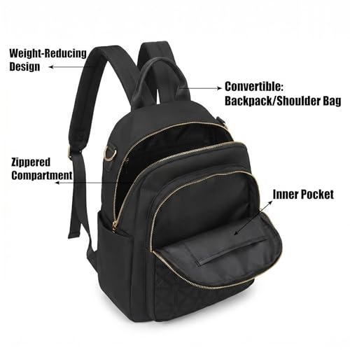 Small Nylon Women Backpack Purse, Lightweight Casual Mini Shoulder Satchel Tote Bag, 13 Inch Stylish Quilted Daypack Crossbody Bag for Daily Travel Commute, Black
