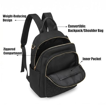 Small Nylon Women Backpack Purse, Lightweight Casual Mini Shoulder Satchel Tote Bag, 13 Inch Stylish Quilted Daypack Crossbody Bag for Daily Travel Commute, Black