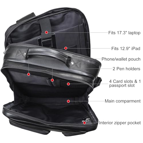 TIDING 17.3" Leather Laptop Backpack for Men Multi Pockets Casual Daypack Business Travel Rucksack, Black - color: Black