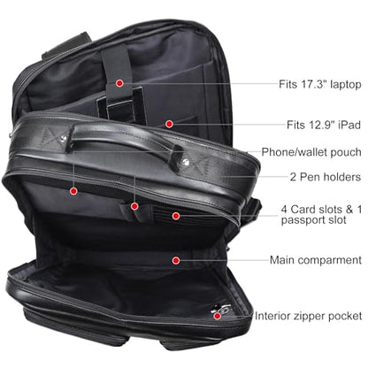 TIDING 17.3" Leather Laptop Backpack for Men Multi Pockets Casual Daypack Business Travel Rucksack, Black - color: Black