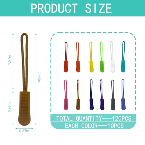120Pcs Zipper Extension Replacement Pulls Replacement Zipper Tabs for Backpacks Luggage Jacket Repair Kit, 12 Colors