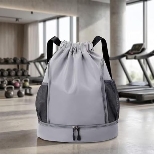 Drawstring Gym Backpack Multipocket Sports Sack with Mesh Pockets | Adjustable Strap Double Zipper Design, Large Capacity Lightweight for Gym Swim Travel Camping Outdoor - color: Grey