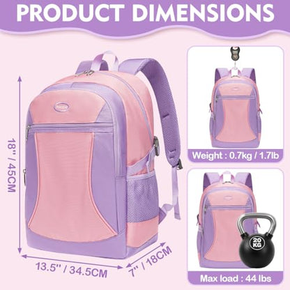 Girls Backpack for Kids Back to School Bag Pink Purple Bookbag Big Child Children Book Bag Ages 8-10 10-12 Years Old Large Gifts Tween Middle High Schoolbag Back to School with Laptop Compartment 18" - color: Purplepink