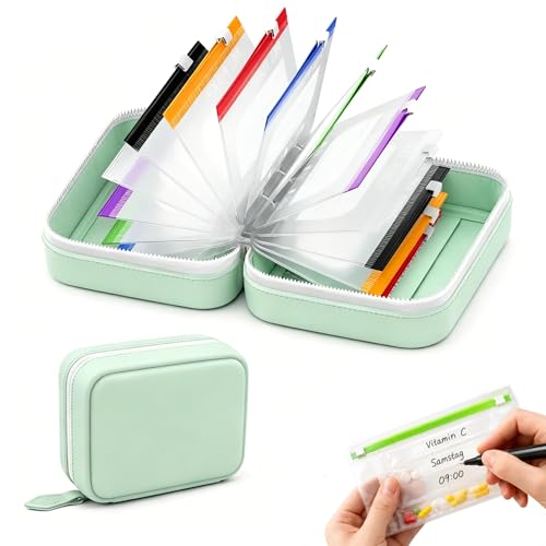 Waterproof Pill Pouch Set-14pcs Bags Inside,Pill Organizer Binder-Coded Pouches,Leakproof Reusable Zippered Storage Case,Air Tight Pocket Color - Coded Reusable Travel Storage System(Green) - color: Green