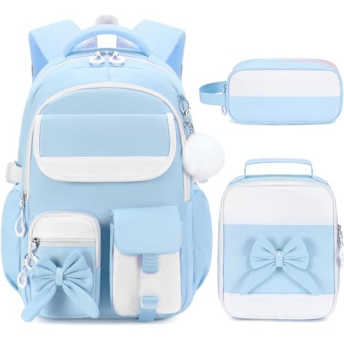 Kids Backpack for Girls, 3PCS School Backpack Set with Insulated Lunch Box & Pencil Case, Waterproof Lightweight Bookbag for Elementary & Middle School, Cute Bow Travel Daypack Blue-Beige - color: Blue-beige