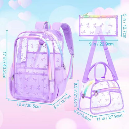 gxtvo 3PCS Clear School Backpack Heavy-Duty Set for Women & Teen Girls, 17" Purple Transparent Bookbag with Rainbow Strap, Elegant Bow See Through Bag - color: Purple Elegant Bow Clear Backpack Set
