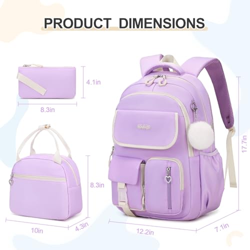 DIGOBAY Backpacks for Girls, 3PCS School Backpack with Lunch Box Pencil Pouch for Teen Girls Kids Elementary Primary Middle High College Daypack School bag Bookbag Set（Purple） - color: Purple