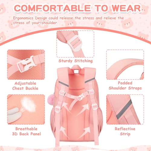PIG PIG GIRL Kids Backpack for Girls School Bags for Middle School Students Book Bag for Elementary Primary Kawaii Ita Backpack, Pink and Beige - color: Pink and Beige