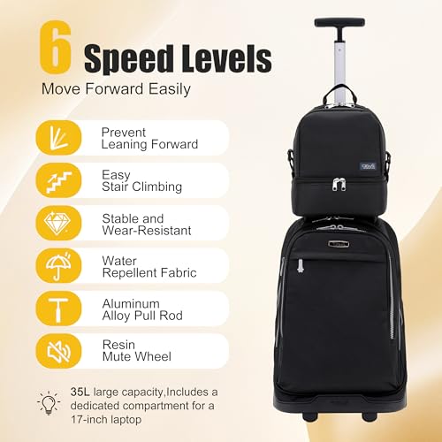 NEW TILAMI 19 Inch Rolling Backpack with Lunch Bag for Girls Boys Wheeled Laptop Backpack Durable Carry-on Bag School Travel, Black - color: Black