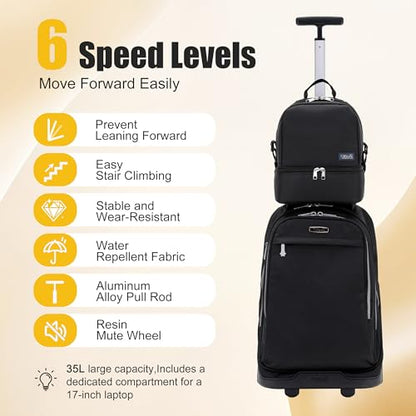 NEW TILAMI 19 Inch Rolling Backpack with Lunch Bag for Girls Boys Wheeled Laptop Backpack Durable Carry-on Bag School Travel, Pure Black - color: Pure Black