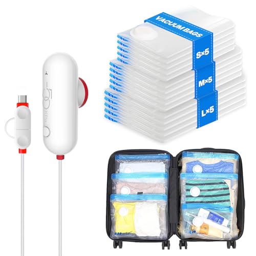 VMstr 15 Pack Travel Vacuum Storage Bags with USB Pump, Vacuum Packing Seal for Luggage and Suitcase, Space Saver for Clothes and Clothing Travel - style: 15 combo bags + USB pump