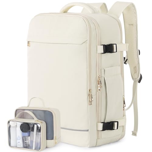 Sinaliy Travel Backpack, 40L 17 inch Laptop Waterproof Backpack Carry on Flight Approved, Personal Item Travel Bag, Casual Daypack for College, Business, Weekend, Work, Beige - color: Beige