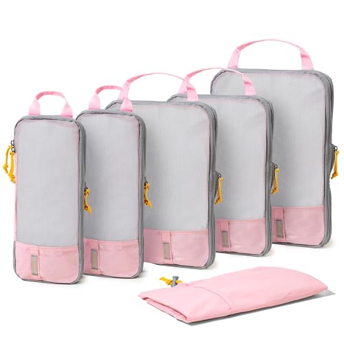 (Not Made In China) 6pc Compression Packing Cubes For Travel, Suitcase and Luggage Space Saver Organizer Bags, Lightweight, Waterproof, Durable, Pink - color: Baby Pink, size: Set of 6
