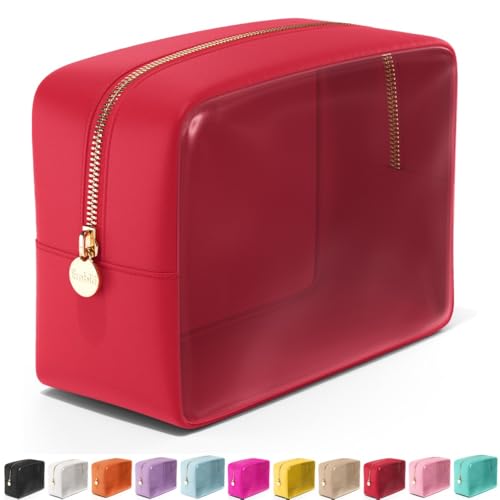 Embla Clear Cosmetic Bag Makeup Case, Clear Zipper Make Up Pouch and Toiletry Travel Tote, Cute Skincare Pouches for Women Girls, Preppy Purse Cosmetic Organizer, Large Makeup Bags, Ruby Red - color: Ruby, size: Large