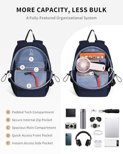ECOHUB Mini Anti-Theft RFID Backpack for Women and Men, Water-Resistant, Lightweight Travel Daypack with iPad Sleeve, Key Holder, 9 Pockets, Stylish Comfortable, Blue - color: Blue